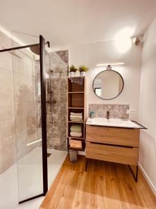 a bathroom with a sink and a shower at Cabine27 in Sausset-les-Pins