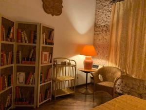una sala de estar con una estantería llena de libros en IL CASALE DEL VINO, en Barbarano Vicentino
