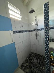 La salle de bains est pourvue d'une douche bleue et blanche. dans l'établissement Biscuit - Gîte du moulin, à Petit-Canal