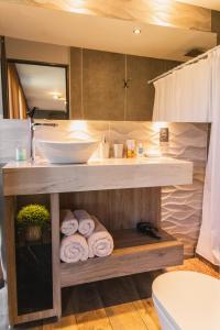a bathroom with a sink and a counter with towels at Tiny House in Mendoza