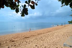 a person standing on a beach with a boat in the water at Peneeda View Beach Hotel in Sanur