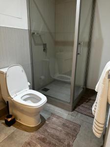 a bathroom with a toilet and a glass shower at Beaufort Ridge 402 in Accra