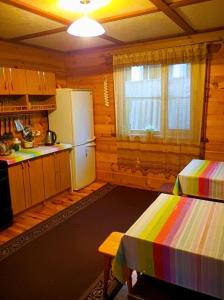 una cucina con frigorifero e tavolo in una camera di Лісова хатинка a Haivka