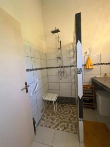 a bathroom with a shower with a bench in it at Bambou - Gîte du moulin in Petit-Canal