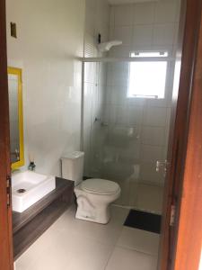 a bathroom with a toilet and a shower and a sink at Casa Barra da lagoa/ Mole in Florianópolis