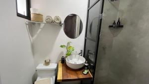 La salle de bains est pourvue d'un lavabo, de toilettes et d'un miroir. dans l'établissement Casa VillaMatisse, à Tulum