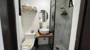 a bathroom with a sink and a toilet and a mirror at Casa VillaMatisse in Tulum