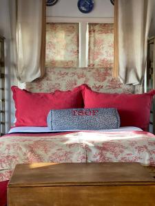 - une chambre avec un lit et des oreillers rouges dans l'établissement Go on a Wine Tour from This Side of Paris, à Boone