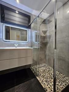 a bathroom with a shower and a sink at ECOLODGY Suites Villa in Ducos