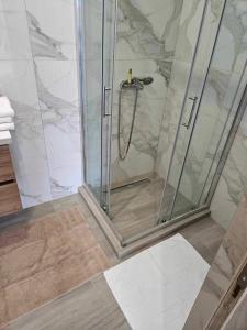 a shower with a glass door in a bathroom at Villa NIMEDA in Nikiti