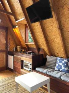 uma sala de estar com um sofá e uma televisão no tecto em Sítio CRIA - Hospedagem Sustentável & Experiências Rurais em Três Coroas