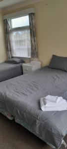 Ce lit se trouve dans une chambre dotée d'une fenêtre et d'un canapé-lit. dans l'établissement Pennys Accommodation, à Palmerston North