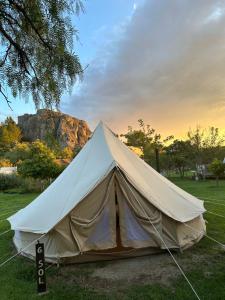a tent in a field with a mountain in the background at Echological Hotel, Restaurante & Spa in Lagos de Moreno