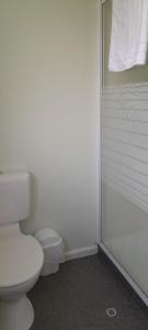 La salle de bains blanche est pourvue d'une douche et de toilettes. dans l'établissement Pennys Accommodation, à Palmerston North