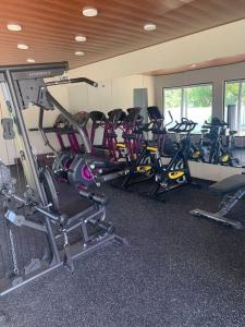 a gym with a bunch of exercise bikes in a room at Insta-worthy luxurious 3-BR Apt W/ Gazebo in Santiago de los Caballeros