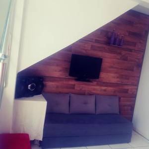 sala de estar con sofá y TV en la pared en Cantinho do sossego, en Igarapé