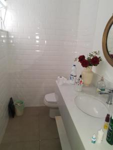 W łazience znajduje się umywalka, toaleta i lustro. w obiekcie Posto6 w mieście Rio de Janeiro