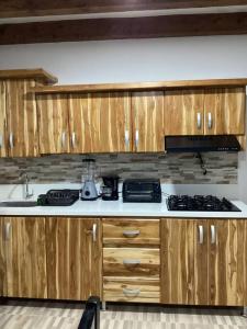 a kitchen with wooden cabinets and a stove top oven at Apartamento en Rionegro cerca del aeropuerto in Rionegro