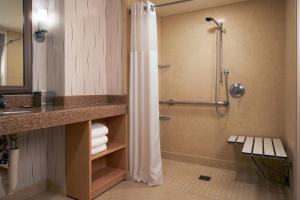 a bathroom with a shower with a shower curtain at Hilton Los Angeles Airport in Los Angeles