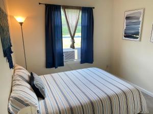 Schlafzimmer mit einem Bett und einem Fenster mit blauen Vorhängen in der Unterkunft Country retreat, dogs ok, mins from 81/76, Carlisle 