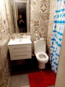 a man taking a picture of a bathroom with a toilet at Departamento equipado (Cercano a terminal Sur y aeropuerto) in Santiago