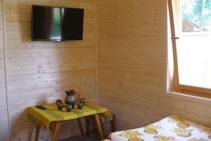 a room with a table and a tv on a wall at Chata Cep in Třeboň