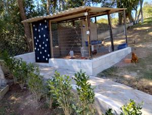 uma gaiola com um cão dentro em Biju's Little Farm em Ibiúna