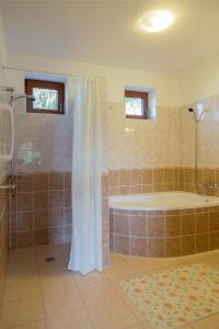 a bathroom with a tub and a shower with a shower curtain at Almafás Jakuzzis Apartmanház Őrség in Kerkakutas