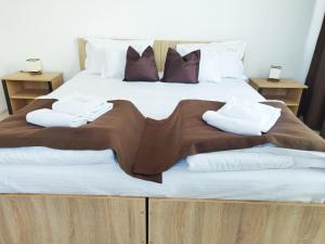 a large bed with two towels on top of it at Pensiunea Alesia in Pucioasa