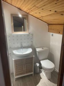 bagno con lavandino, servizi igienici e specchio di Maison de vacances à louer a Meschers-sur-Gironde