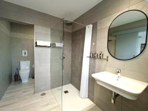 ein Badezimmer mit Dusche, Waschbecken und Spiegel in der Unterkunft Cotufa Garden in La Laguna