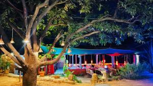 a party set up under a tree at night at HAPPY PLACE HAMPI in Hampi