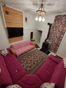 sala de estar con cama rosa y sofá en Cosy Cottage with fireplace and garden - Close to City centre and Skii Resort, en Melikgazi