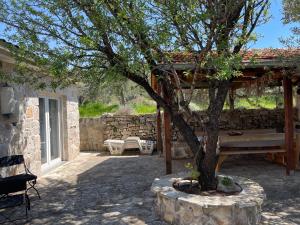 a patio with a tree and a wooden pergola at Kuća za odmor Ivančica in Tisno