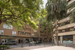 una calle de la ciudad con palmeras y edificios en Macflats Ciudad de las Ciencias, en Valencia