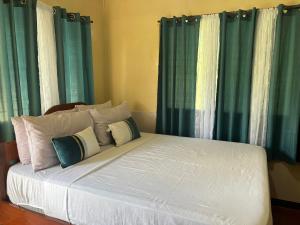 a bedroom with a large bed with blue curtains at Gratum Beach Resort in Dapitan