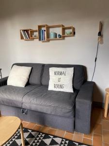 um sofá cinzento numa sala de estar com uma almofada em Domaine Au Bon em Angresse