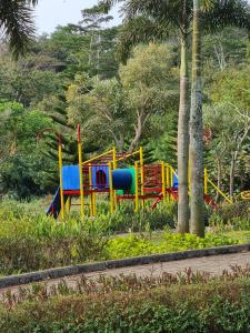 a colorful playground in a park next to a palm tree at The Valley Guesthouse in Malang