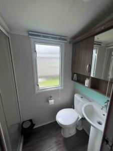 ein Bad mit einem WC, einem Waschbecken und einem Fenster in der Unterkunft Polladras Holiday Park in Helston