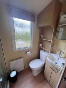 a bathroom with a toilet and a sink and a window at Polladras Holiday Park in Helston
