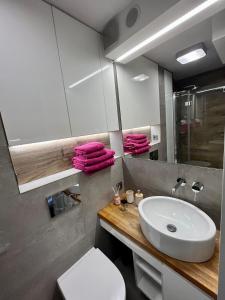 uma casa de banho com um lavatório, um WC e um espelho. em -- View City Center Pink -- em Varósvia