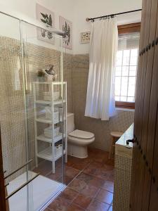 a bathroom with a toilet and a glass shower at Casa Rural La Joyona in Los Navalucillos