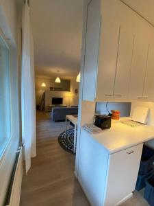 Ett kök eller pentry på Kotimaailma - Tilava 2MH asunto saunalla Herttoniemen merellisessä ympäristössä