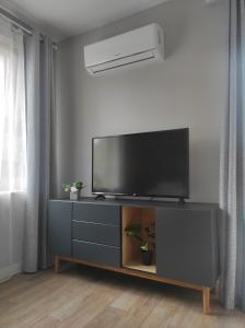 a living room with a flat screen tv on a cabinet at Apartament Homole E1 z ogródkiem in Szczawnica