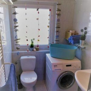 a bathroom with a toilet and a washing machine at Dein Ferienhaus Strandstrasse in Fehmarn