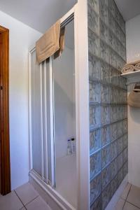 um chuveiro com uma porta de vidro na casa de banho em Casa Feli - APARTAMENTO con JARDÍN PRIVADO en los PIRINEOS em Castiello de Jaca