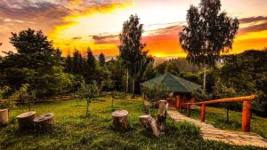 a wooden bridge in a field with a sunset in the background at Apple Glade in Poiana Mărului