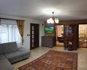 a living room with a couch and a television at Apple Glade in Poiana Mărului