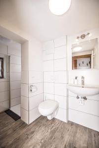 a white bathroom with a toilet and a sink at Alpenzauber / Chalet AlmZeit / Almhütte Zillertal in Schwaz
