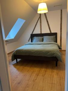 1 dormitorio con 1 cama con tragaluz en LE DONJON Appartement 5mn centre ville de Strasbourg Au Calme, en Estrasburgo